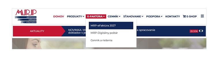 Menu E-faktúra na stránke mrp.sk