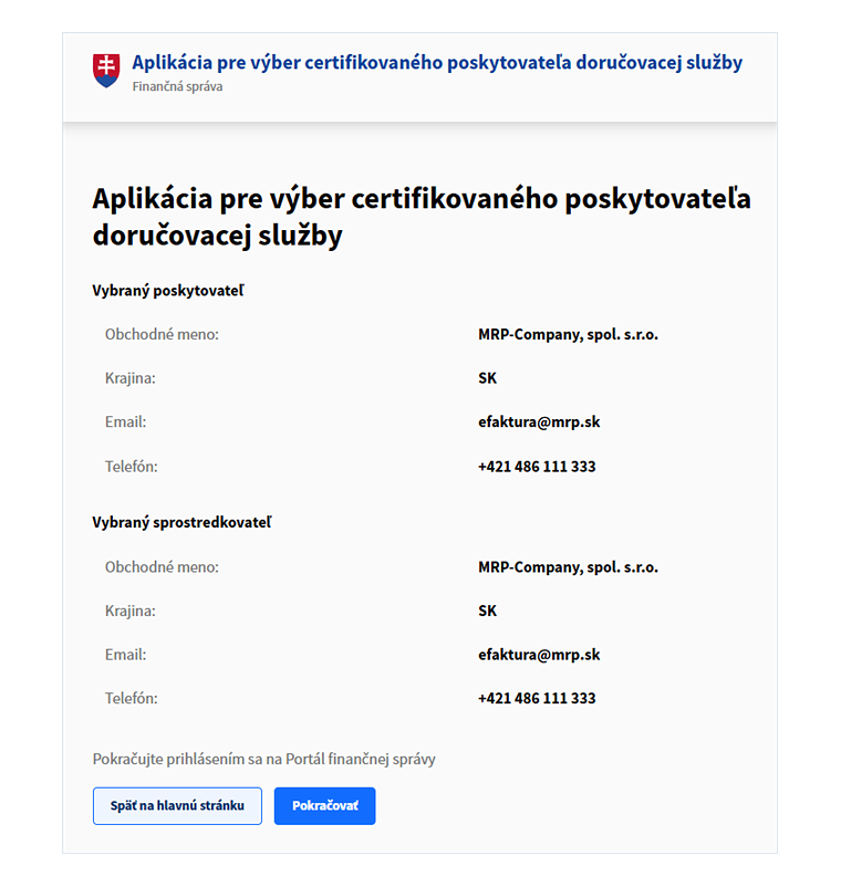 Aplikácia Finančnej správy pre výber certifikovaného poskytovateľa doručovacej služby