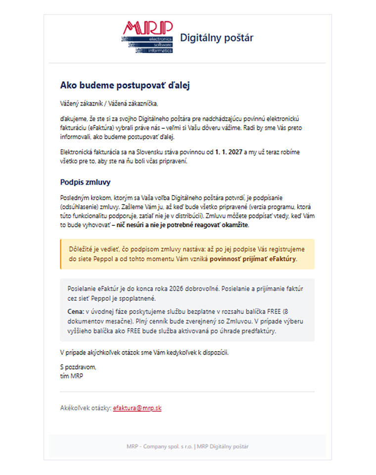 Informačný e-mail o ďalšom postupe