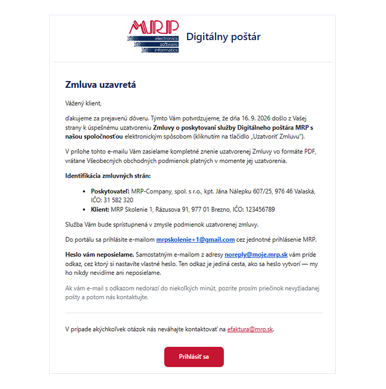 E-mail Zmluva uzavretá