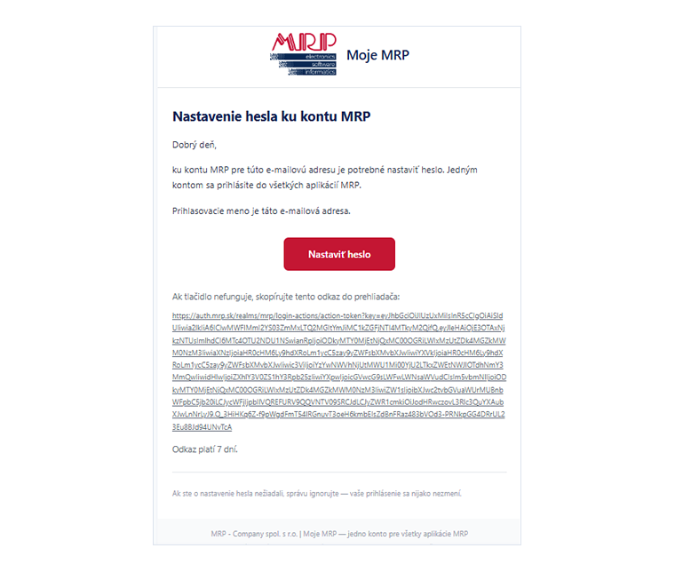 E-mail Nastavenie hesla ku kontu MRP