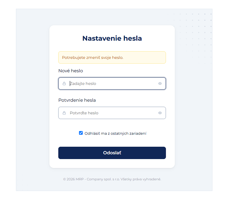 Obrazovka nastavenia hesla v portáli MRP PEPPOL